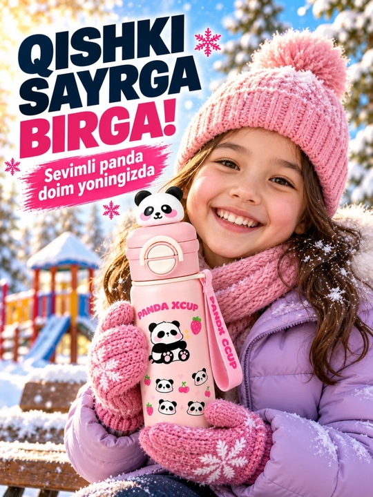 Bolalar termosi, panda dizaynli, trubochkali va qo‘l tasmasi bilan