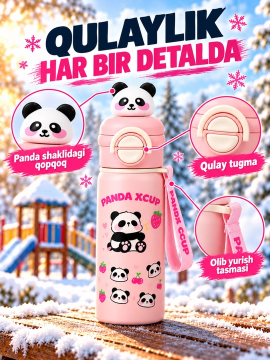 Bolalar termosi, panda dizaynli, trubochkali va qo‘l tasmasi bilan