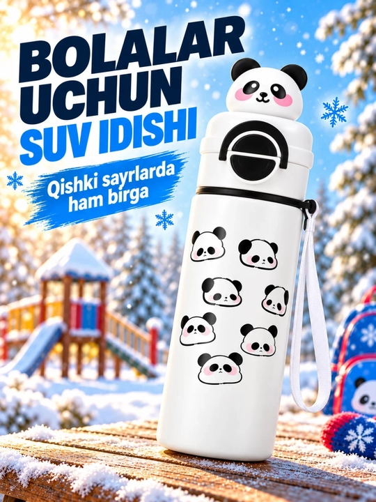 Bolalar termosi, panda dizaynli, trubochkali va qo‘l tasmasi bilan - 