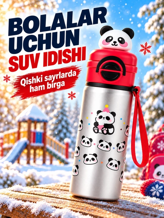 Bolalar termosi, panda dizaynli, trubochkali va qo‘l tasmasi bilan - 
