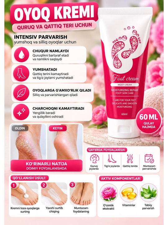 Oyoq uchun namlantiruvchi va yumshatuvchi krem, quruq va qattiqlashgan teriga, 60 ml - 
