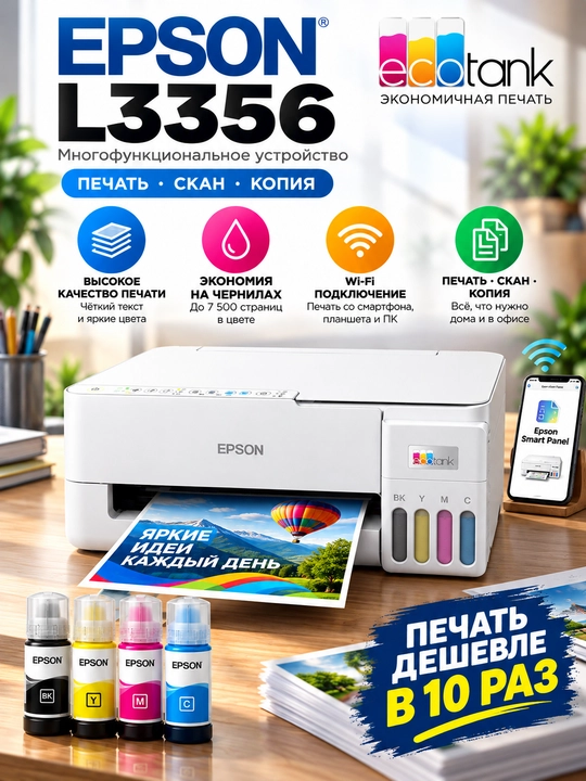 Epson L3356 цветное МФУ — Wi-Fi, Wi-Fi Direct, A4, печать, сканирование и копирование - 