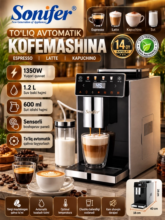 Sonifer SF-3594 avtomatik kofe mashinasi 1350 Vt, 1,2 l - 