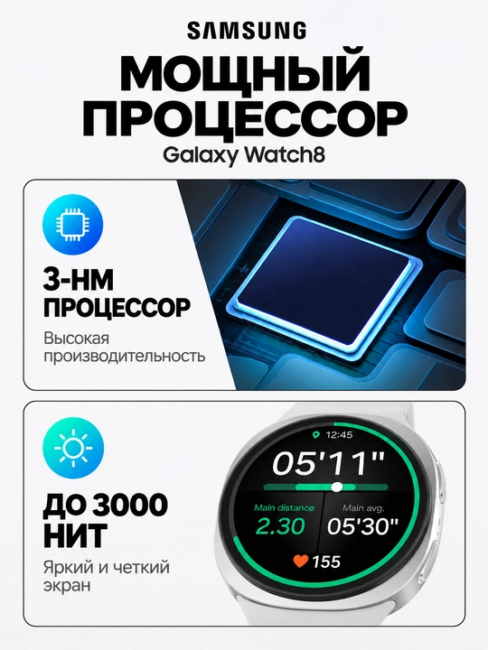 Samsung Galaxy Watch8 1,5" Super AMOLED, 32 ГБ, NFC, GPS, до 40 ч работы
