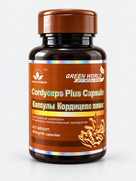 Green World Cordyceps Plus, korditseps va jenshen ekstraktli kapsula, BFQ, 500 mg, 60 ta