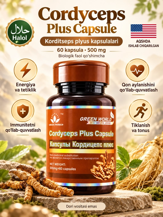 Green World Cordyceps Plus, korditseps va jenshen ekstraktli kapsula, BFQ, 500 mg, 60 ta - 