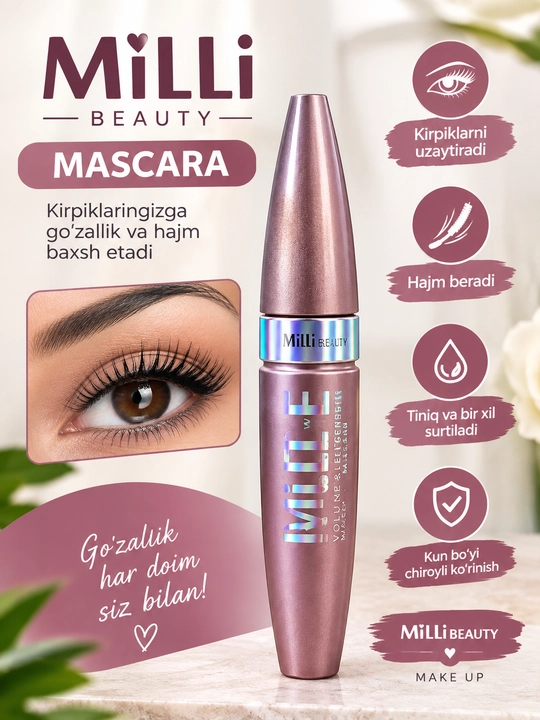 MILLI BEAUTY kipriklar uchun tush, hajm beruvchi maskara - 