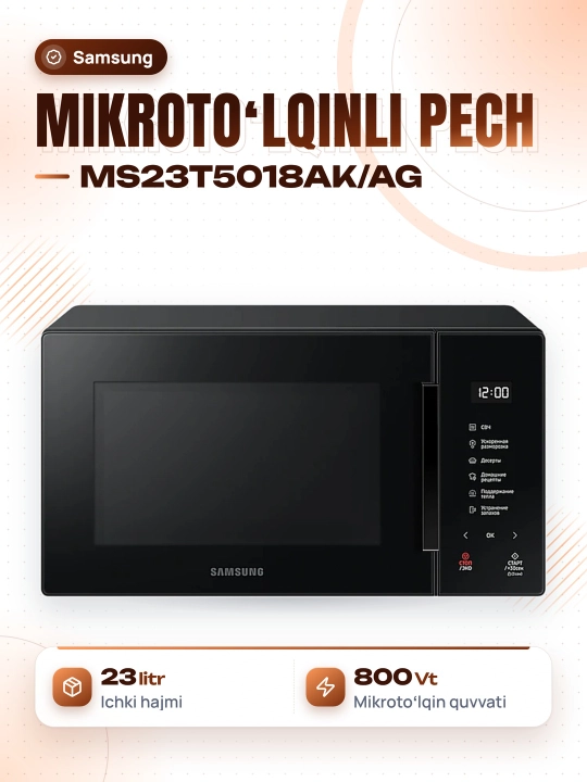Mikroto'lqinli pech Samsung MS23T5018AK/AG Solo, 23 litr