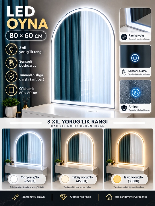 80×60 sm li LED yoritgichli ravoq shaklidagi ko‘zgu - 