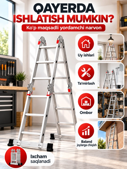 Narvon-transformer, buklanadigan narvon, 3,6/4,7/5,6 m, uy, ta'mirlash va qurilish uchun