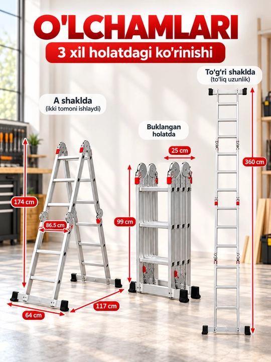 Narvon-transformer, buklanadigan narvon, 3,6/4,7/5,6 m, uy, ta'mirlash va qurilish uchun