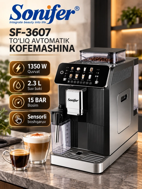 Sonifer SF-3607 to‘liq avtomatik kofe mashinasi, 1350 Vt - 