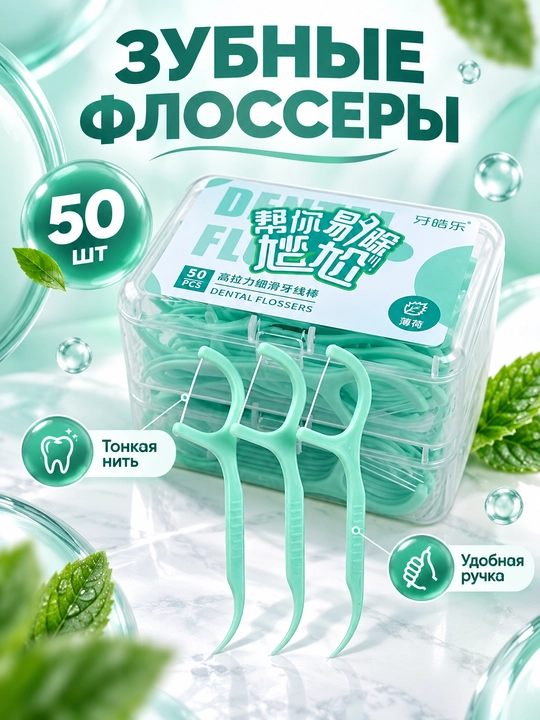 Зубная нить с держателем,флосс для чистки межзубных промежутков,зубочистки,50 шт,в футляре - 