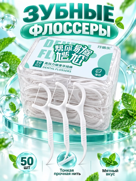 Зубная нить с держателем,флосс для чистки межзубных промежутков,зубочистки,50 шт,в футляре - 