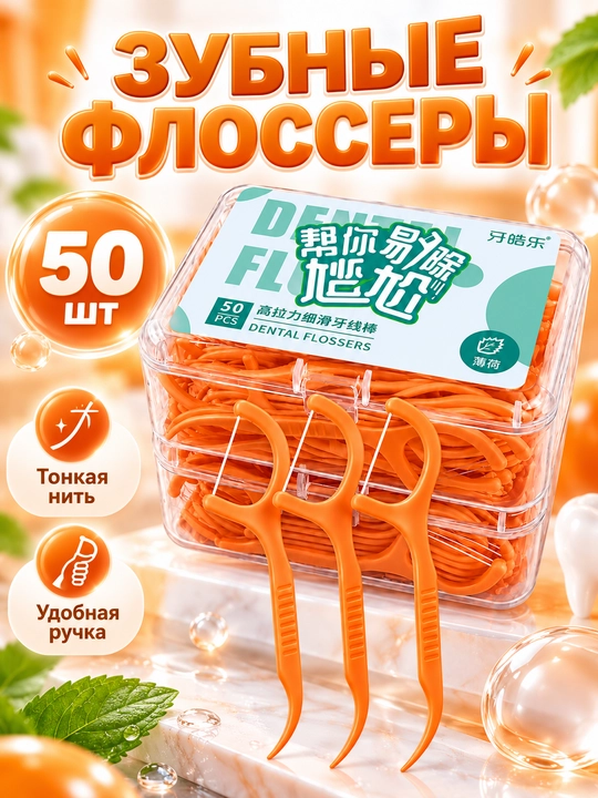 Зубная нить с держателем,флосс для чистки межзубных промежутков,зубочистки,50 шт,в футляре