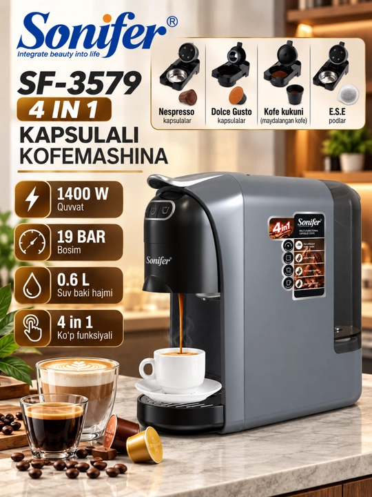 Sonifer SF-3579 4 in 1 kapsulali kofemashina, 1400 Vt, 19 bar - 