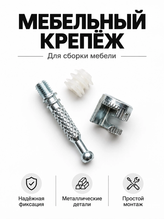 Набор крепежа для сборки мебели: Минификс (эксцентрик) и пластиковый уголок - 