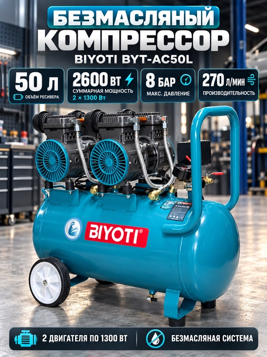 Компрессор воздушный BIYOTI BYT-AC50L, безмасляный, 50 л, 2600 Вт, 8 бар - 