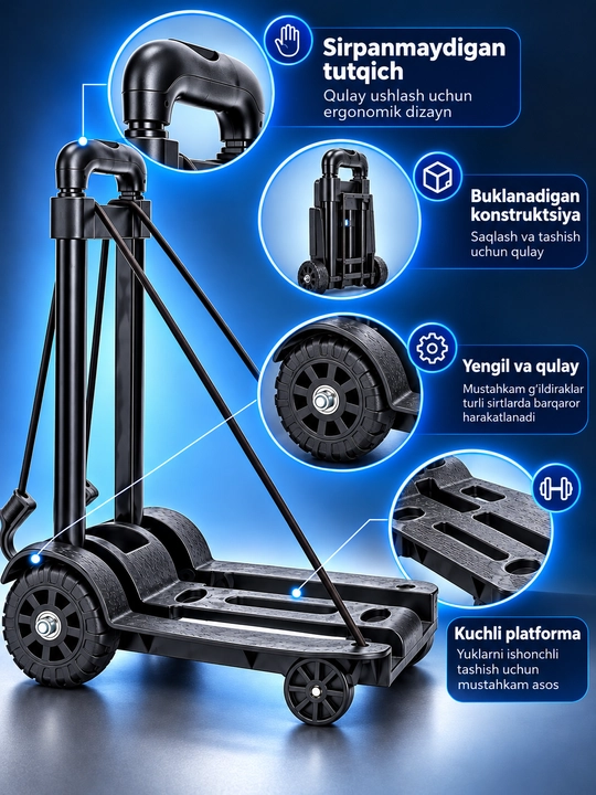 Yig‘ma yuk aravachasi, teleskopik tutqichli, platformasi 40×20 sm