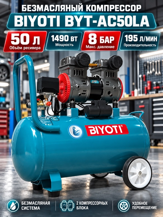 Компрессор воздушный BIYOTI BYT-AC50LA, безмасляный, 50 л, 1490 Вт, 8 бар - 