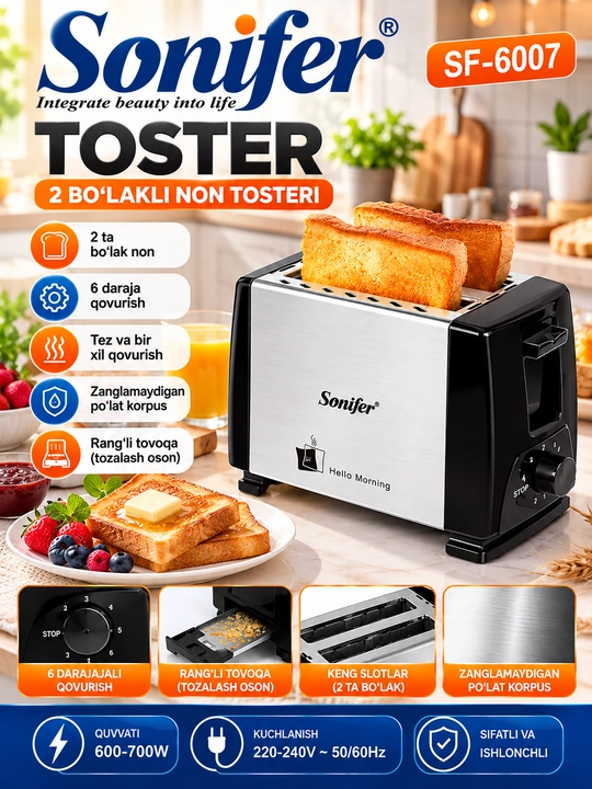 Sonifer SF-6007 — 2 bo‘lakli elektr non tosteri - 