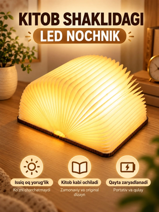 Ночник-книга светодиодный, складной светильник Book Lamp с USB зарядкой - 