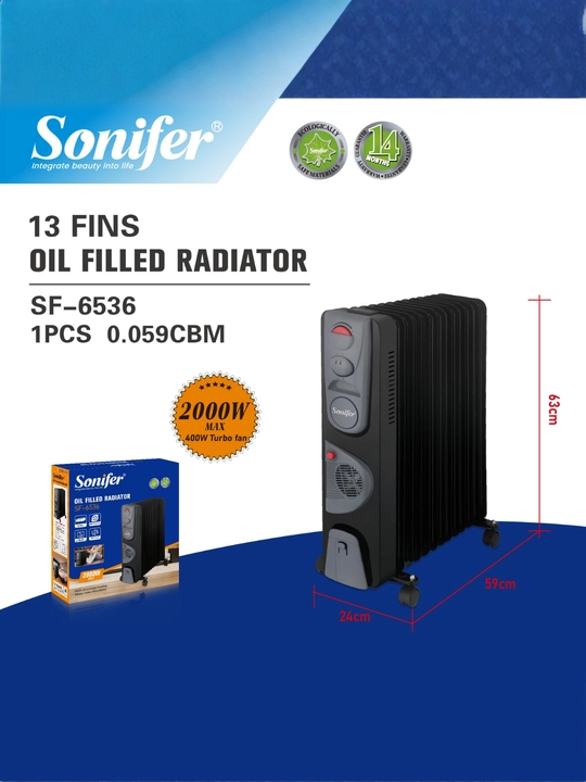 Sonifer SF-6536 elektr moyli radiator, 2000 Vt, 13 seksiyali polga o’rnatiladigan isitgich
