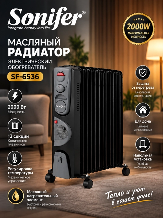 Электрический масляный обогреватель Sonifer SF-6536, 2000 Вт, 13 секций - 