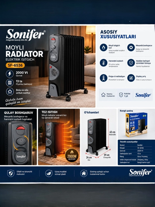 Sonifer SF-6536 elektr moyli radiator, 2000 Vt, 13 seksiyali polga o’rnatiladigan isitgich