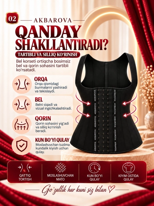Ozdiruvchi tortuvchi lyamkali korset, qorin, bel va orqa uchun, Akbarova Xonzoda