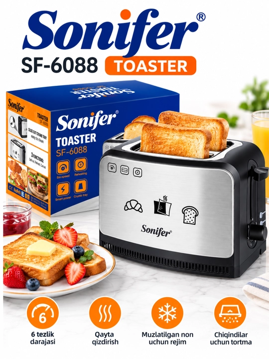 6 ta qovurish darajasiga ega 2 bo‘lakli Sonifer SF-6088 elektr tosteri
