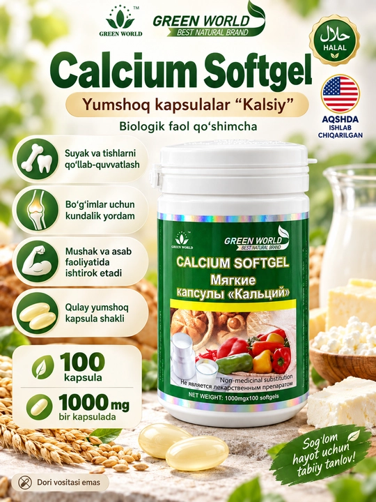 Calcium Softgel, suyak va tishlar uchun kalsiy kapsulalari, D vitamini, 1000 mg, 100 dona - 