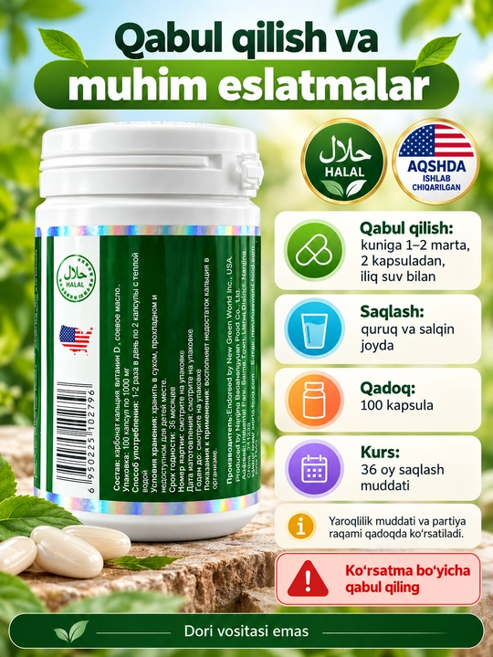 Calcium Softgel, suyak va tishlar uchun kalsiy kapsulalari, D vitamini, 1000 mg, 100 dona