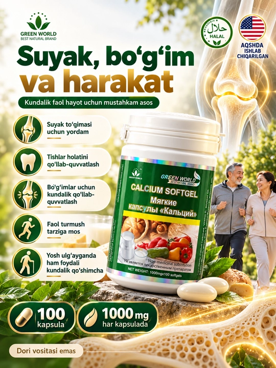 Calcium Softgel, suyak va tishlar uchun kalsiy kapsulalari, D vitamini, 1000 mg, 100 dona