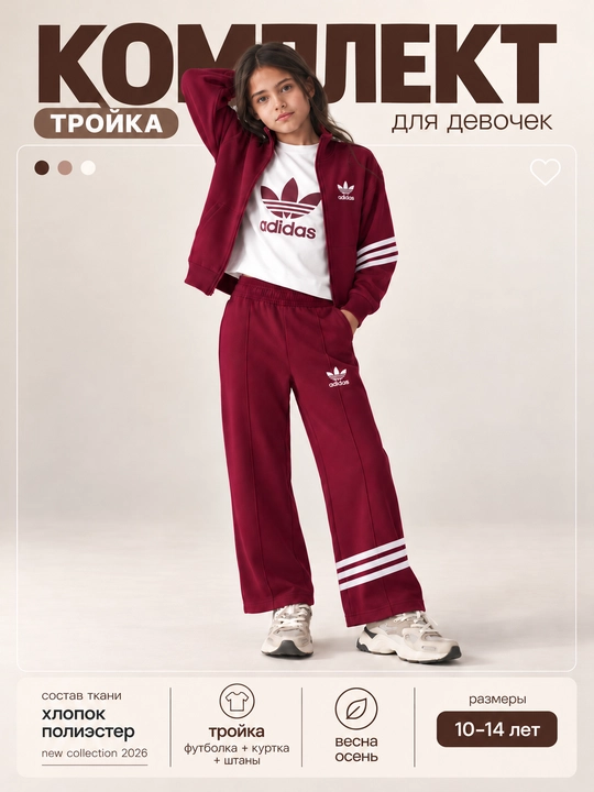 Спортивный костюм Adidas для девочек 3-ка, кофта футболка штаны, 6–14 лет - 