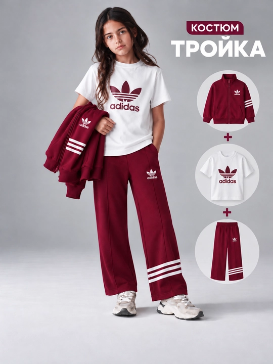 Qizlar uchun Adidas sport komplekti 3 talik, kofta futbolka shim, 6–14 yosh