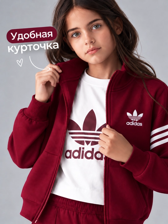 Qizlar uchun Adidas sport komplekti 3 talik, kofta futbolka shim, 6–14 yosh