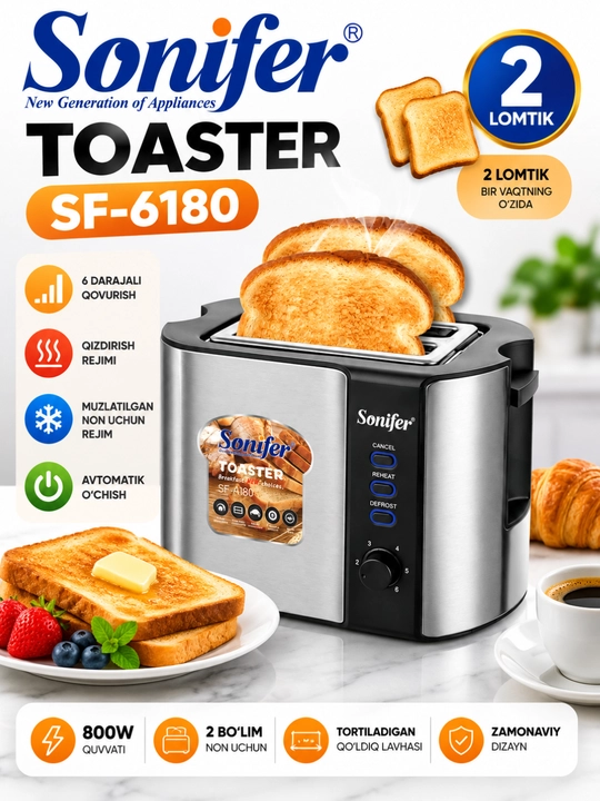 Sonifer SF-6180 — 2 bo‘limli, 800 Vt elektr non qizartirgich (toster) - 