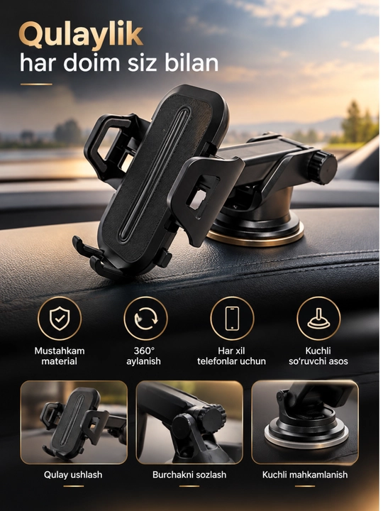Avtomobil uchun telefon ushlagichi, teleskopik qo‘l, 360° aylanish, vakuumli taglik - 