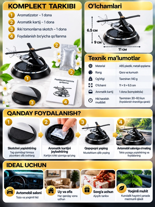 Avtomobil uchun quyosh energiyasida ishlaydigan aromatizator