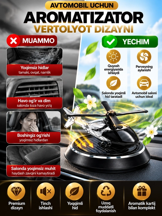Avtomobil uchun quyosh energiyasida ishlaydigan aromatizator