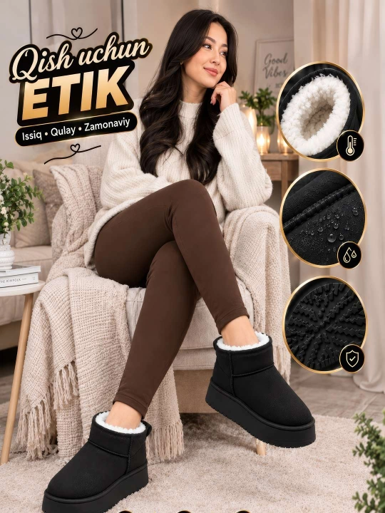 Ayollar etik UGGi, ayollar uchun issiq etiklar, zamsh mo‘ynali UGGi, UGGI qalin poshnali - 