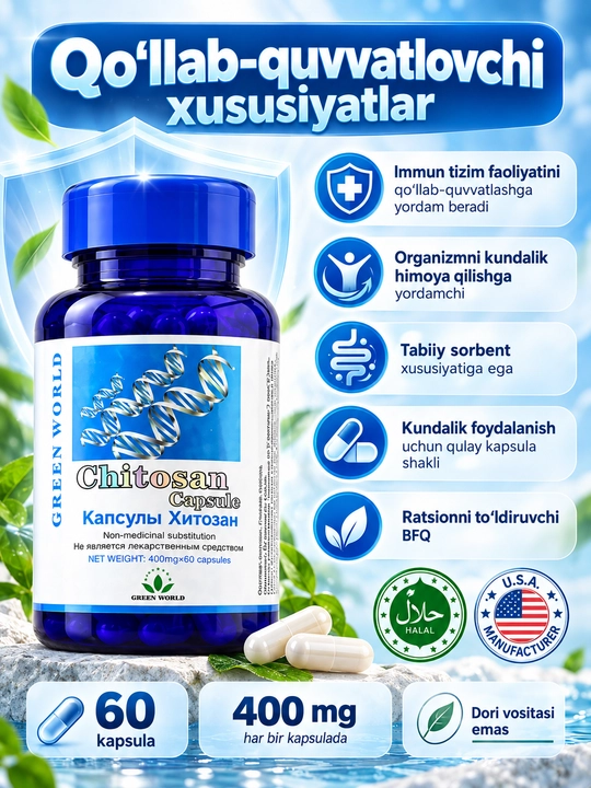 Xitozan Chitosan Green World, tabiiy sorbent, BFQ, 400 mg, 60 kapsula