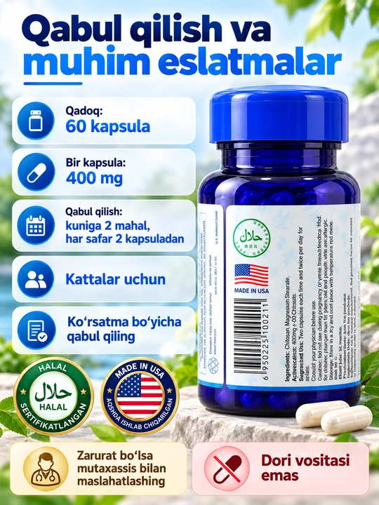 Xitozan Chitosan Green World, tabiiy sorbent, BFQ, 400 mg, 60 kapsula