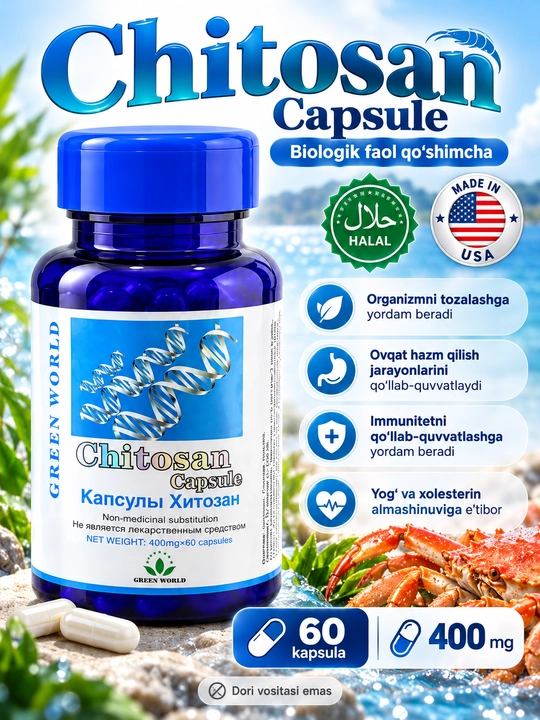 Xitozan Chitosan Green World, tabiiy sorbent, BFQ, 400 mg, 60 kapsula - 