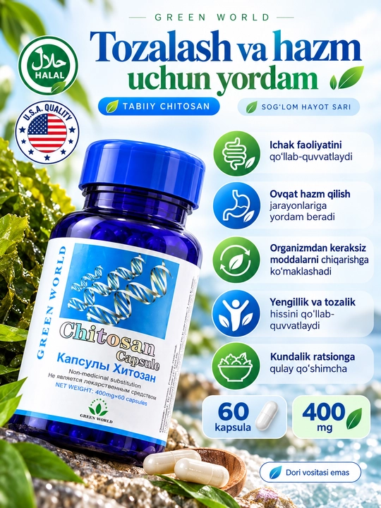 Xitozan Chitosan Green World, tabiiy sorbent, BFQ, 400 mg, 60 kapsula