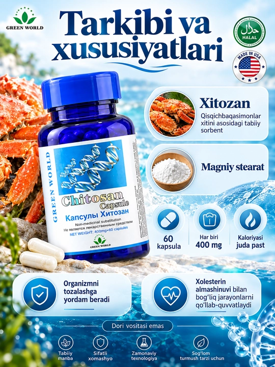 Xitozan Chitosan Green World, tabiiy sorbent, BFQ, 400 mg, 60 kapsula