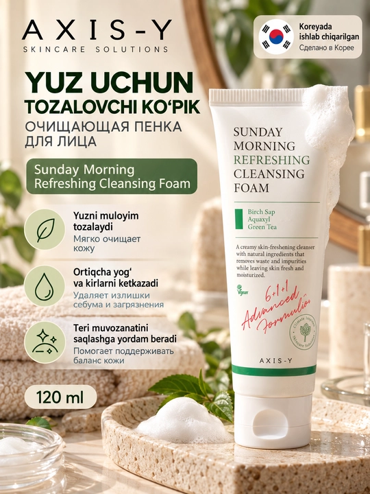 AXIS-Y Sunday Morning Refreshing Cleansing Foam, yuz yuvish ko‘pigi, 120 ml