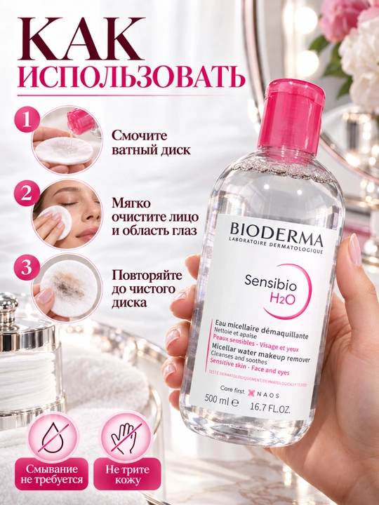 Мицеллярная вода Bioderma Sensibio 500 мл, для снятия макияжа и очищения