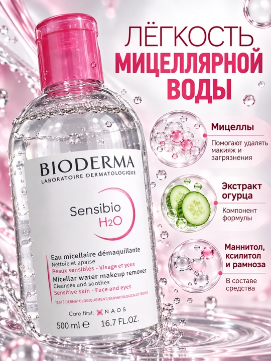 Мицеллярная вода Bioderma Sensibio 500 мл, для снятия макияжа и очищения